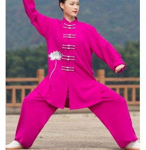 Fuchsia yellow taichi clothing for women  embroidered pattern chinese kung fu uniforms stage performance wushu martial art chang quan competition suit for lady